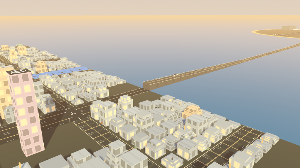 High aerial development-build view of Central Island city streets and the draw-span bridge crossing the bay.