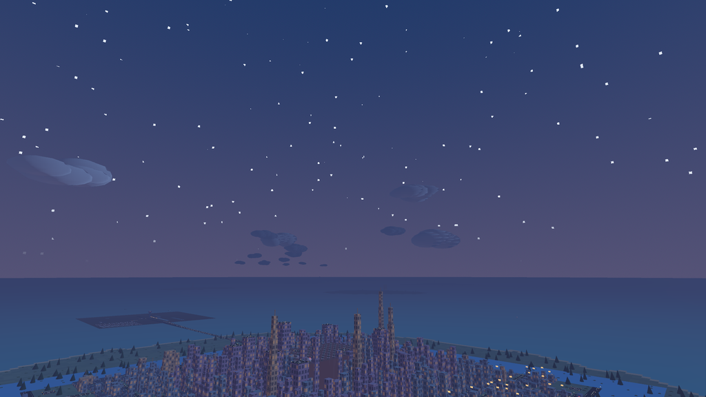 Night development-build view of the Central Island skyline beneath clouds and stars.